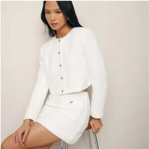 Reformation Trista Knit Tweed Crewneck Button Crop Cardigan Jacket White Size XL